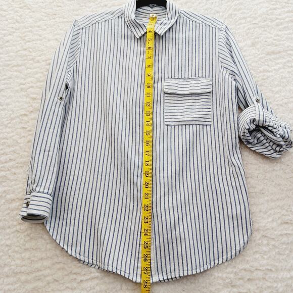 Blouse Size S Navy Linen Button-Up Stripe Preppy Coastal Classic Academia Cruise - Picture 10 of 16